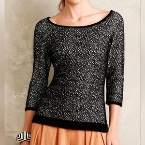 Moth Anthropologie Lana Sweater Black White Chenille Fitted 3/4 Sleeve sz Medium